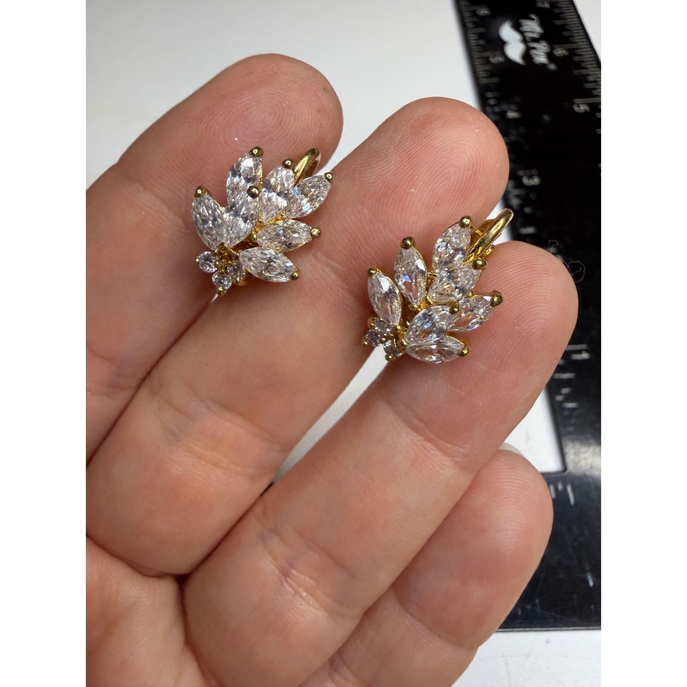 Gold Tone Marquise Cubic Zirconia Leaf Cluster Clip On Earrings Clear Stone